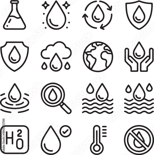 Water line icon set. Rain drops, glass, H2O molecule, purification filter, pure aqua outline vector illustration. Linear pictogram for drink. 

