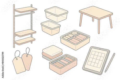 Organized Closet Essentials. Isometric vector illustration set of organized closet setup: adjustable shelving, clear storage