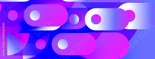 Abstract composition. Vibrant purple, blue hues blend. Circles, rectangles overlap creating dynamic visual effect. Modern design.