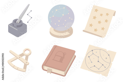 Lost Constellation Rediscovery. Isometric vector illustration set Lost constellation rediscovery and mapping: celestial ink pot