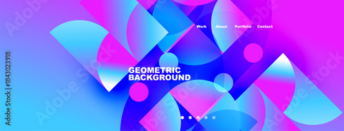 Vibrant abstract design. Overlapping shapes create dynamic visual effect. Text labels present work, about, portfolio, contact options.