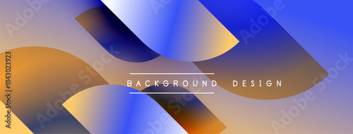 Abstract shapes overlap, creating vibrant gradients. Blue, orange hues dominate design. Text reads background design. Modern aesthetic.