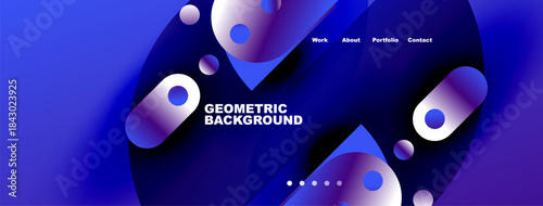Abstract blue design features geometric shapes, gradients, text. Navigation menu present, dots indicate sections. Modern, vibrant aesthetic.