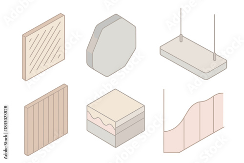 Acoustic Panel Designs. Isometric vector illustration set Architectural acoustic panel design: perforated wood panel with angled