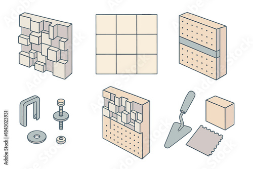 Architectural Acoustic Panels. Isometric vector illustration set Architectural acoustic panel design: geometric relief diffuser