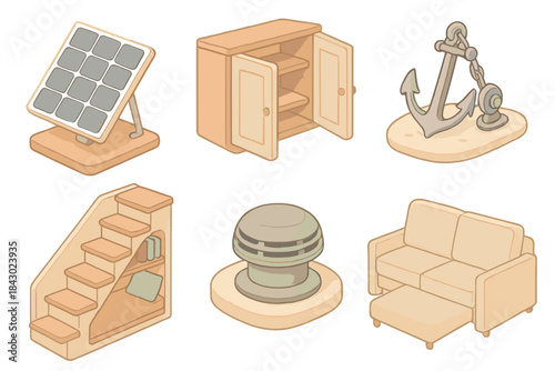 Tiny House Boat Design. Isometric vector illustration set Tiny house boat customization: tilting solar tracking panel system, soft