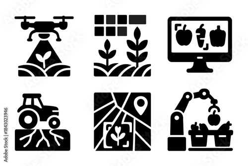 Agricultural Technology Icons. Solid style icons of machine vision in agriculture: harvest drone with scanner, crop spectral field