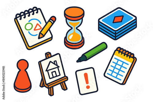 Colorful Board Game Icons. Isometric vector illustration set Board games – drawing pad, timer hourglass, card deck; easel stand,