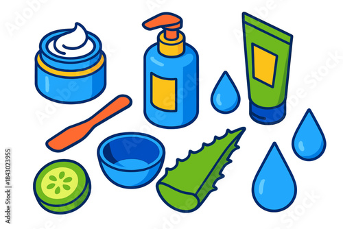 Skincare Essentials Icons. Isometric vector illustration set Skincare routine – moisturizer jar, pump lotion bottle, gel tube;