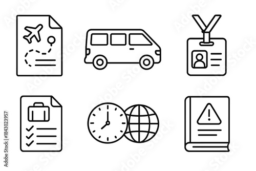 Voluntourism Logistic Icons. Line style icons of voluntourism logistics: travel itinerary icon, group transport van, volunteer ID