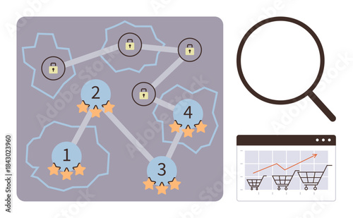 Network of connected nodes with ranking stars and locks, magnifying glass, and sales graph. Ideal for cybersecurity, data flow, marketing optimization, e-commerce strategy, business analysis, online