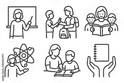 Educational Voluntourism Icons. Line style icons of educational voluntourism: teaching chalkboard, distributing school supplies,