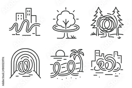 Environmental Light Icons. Line style icons of environmental light painting: light trail over city, glow around tree, spinning