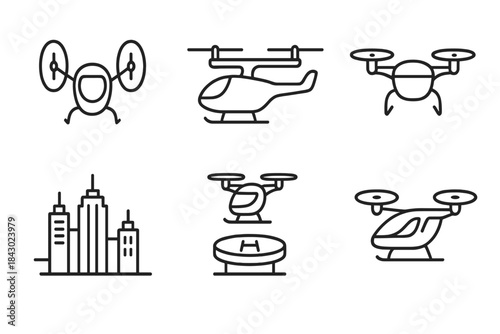 Flying Taxi Icons. Line style icons of flying taxis: vertical takeoff vehicle, aerial ride with rotor blades, passenger drone