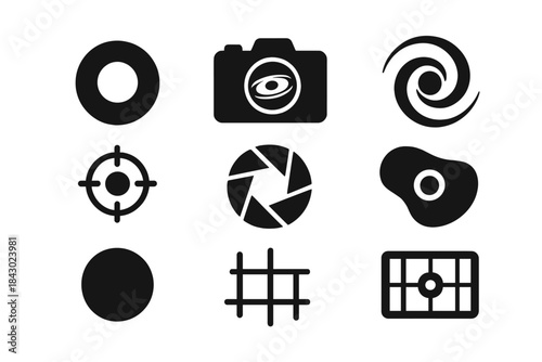 Black Hole Photography Icons. Solid style icons of black hole photography: event horizon ring, accretion disk camera icon,