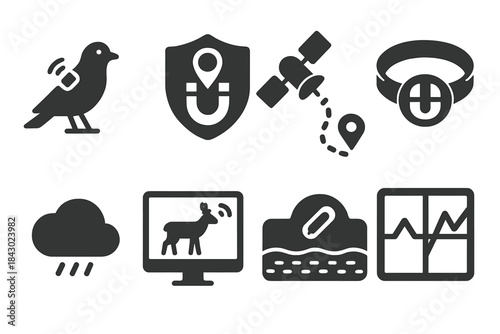 Animal Tracking Icons. Solid style icons of animal tracking tech for magneto-studies: tagged bird with wave signal, GPS+magnet