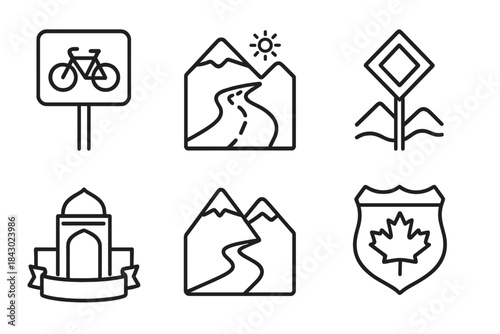 Iconic Road Sign Icons. Line style icons of iconic routes and regions: EuroVelo sign, Pamir Highway view, Great Divide trail