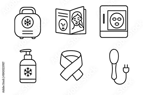 Cryo Facial Essentials. Line style icons of cryo facials at home: compact cooling device, home-use instruction manual, mask in