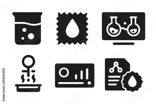 Experimental Dye Icons. Solid style icons of experimental dye labs: dye beaker icon, test fabric badge, chemical reaction panel.