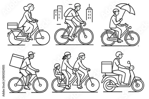 Global Cycling Iconography. Line style icons of bicycle cultures around the world: Dutch cyclist with cargo, fixie bike in city,