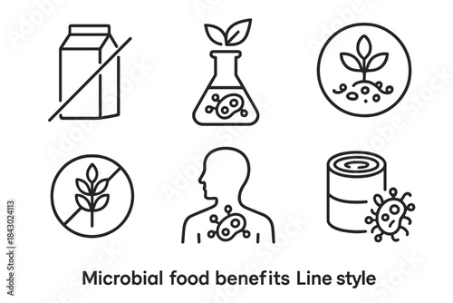 Microbial Food Icons. Line style icons of microbial food benefits: lactose-free icon, animal-free protein symbol, sustainable