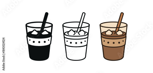 Flat vector illustration iced coffee cups with straw ice cubes and simple pattern band soft rounded forms clean outline one black and white flat version one outline version one color