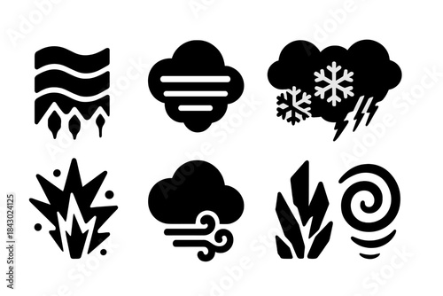 Ice Giant Atmospheres. Solid style icons of ice giant atmospheres: layered frost icons, neon cloud belts, frozen methane storms.