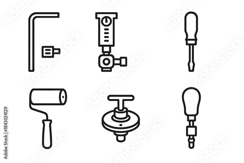Prosthetic Tools Icons. Line style icons of prosthetic attachments and tools: hex key adjuster, limb alignment gauge, tension