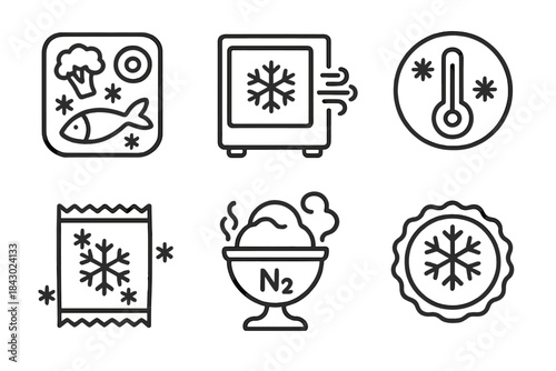 Cryogenic Food Technology. Line style icons of cryogenics in food tech: frozen food icon, blast freezer symbol, temperature label,