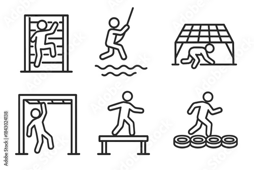 Obstacle Course Icons. Line style icons of obstacle course racing: wall climb challenge, rope swing over water, cargo net crawl,