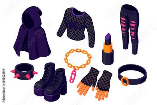 Street Goth Style. Isometric vector illustration set Street fashion – street goth cape, ripped leggings, mesh top; spiked cuff,