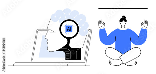 Artificial intelligence, mental health, mindfulness, wellness solutions, computational focus, technology harmony. Image of AI brain and meditating person. Artificial intelligence and mental health