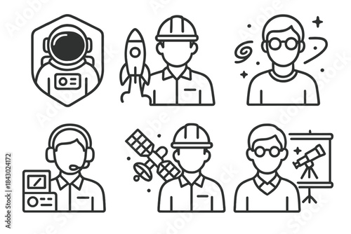 Space Careers Icons. Line style icons of space careers in education: astronaut career badge, space engineer symbol, astrophysicist