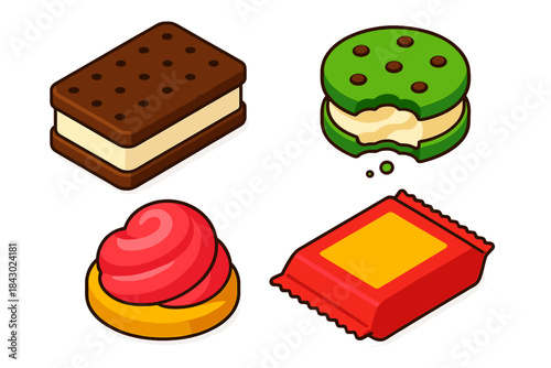 Bold Ice Cream Icons. Isometric vector illustration set Ice cream and desserts – ice cream sandwich, chocolate wafer, vanilla