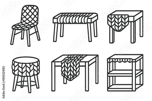 Knitted Furniture Icons. Line style icons of knitted furniture installations: chair yarn netting, bench stitch seat, table corner