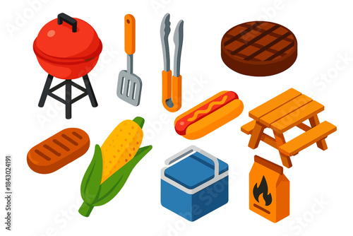Isometric Park Barbecue Icons. Isometric vector illustration set Park activities – barbecue grill, spatula, tongs; burger patty,