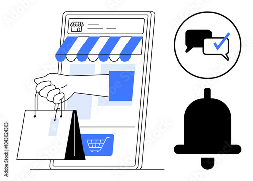 Hand holding shopping bags from smartphone screen, message notification, and alert bell. Ideal for e-commerce, online retail, customer service, digital marketing, communication, engagement simple