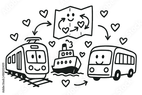 Transport Collaboration Doodle. Charming doodle art showing public transport modes — train, ferry, bus — working together to plan