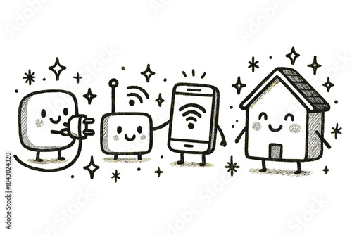 Smart Home Doodle. Whimsical doodle of setting up a smart home with cute characters representing each step: plug in, connect, sync
