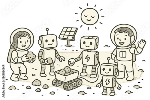 Moon Research Collaboration. Whimsical doodle of cute robots and humans collaborating on moon research, collecting rocks and