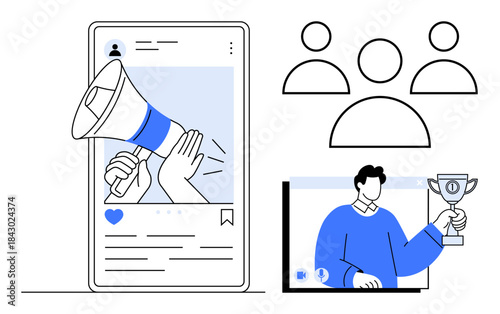 Social media post with megaphone, online audience icons, person holding a trophy on video call. Ideal for social media, digital marketing, communication, online success, user engagement, branding