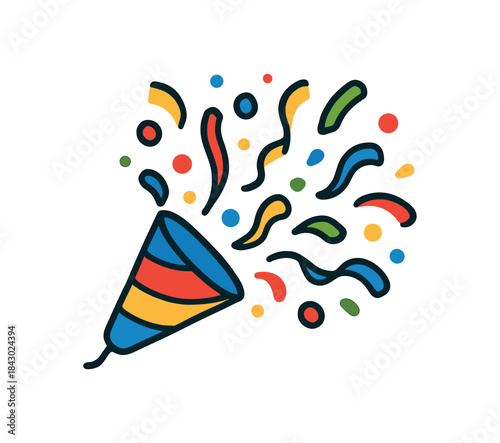 Flat vector illustration of colorful confetti popper bursting vivid paper pieces rounded shapes clean outline clean white background