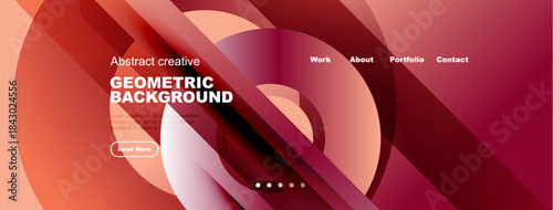 Abstract website header design. Geometric shapes, vibrant colors, navigation menu present. Modern aesthetic, clean layout.