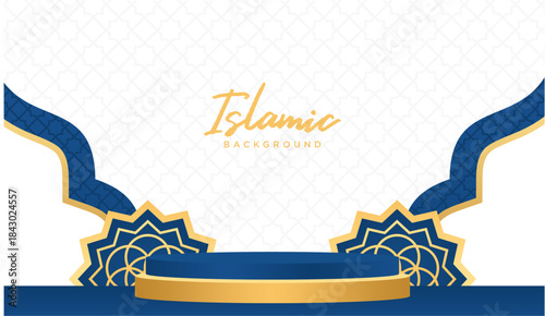 Islamic Blue Gold Podium Stage Banner Elegant Background