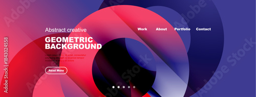 Abstract colorful design. Geometric shapes overlap creating vibrant visual effect. Website header with navigation options present.