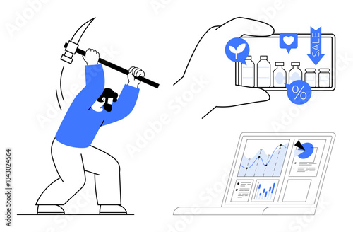 Data mining, consumer behavior, advertising trends, online shopping, market research, e-commerce insights. Figure mining with a pickaxe, smartphone with sale icons analytics on a laptop. Data mining