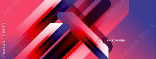 Abstract geometric design. Overlapping layers create dynamic visual effect. Red, pink, purple hues dominate composition. Modern aesthetic.