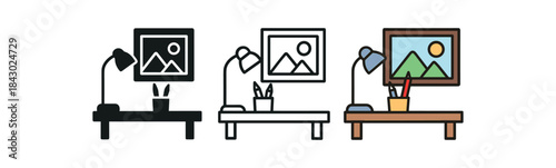 creative workspace icons one flat solid monochrome one thin black outline black and white one full color flat icon framed inspiration picture