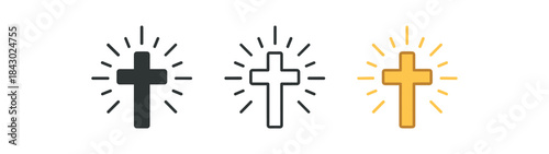 religion icons one flat solid monochrome one thin black outline black and white one full color flat icon cross symbol with rays
