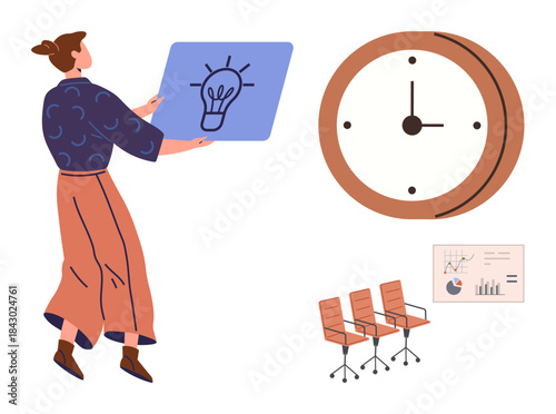 Woman holding lightbulb drawing, emphasizing ideas and innovation. Clock signifies time management. Empty chairs focus on collaboration, presentations, productivity, and organization. Ideal